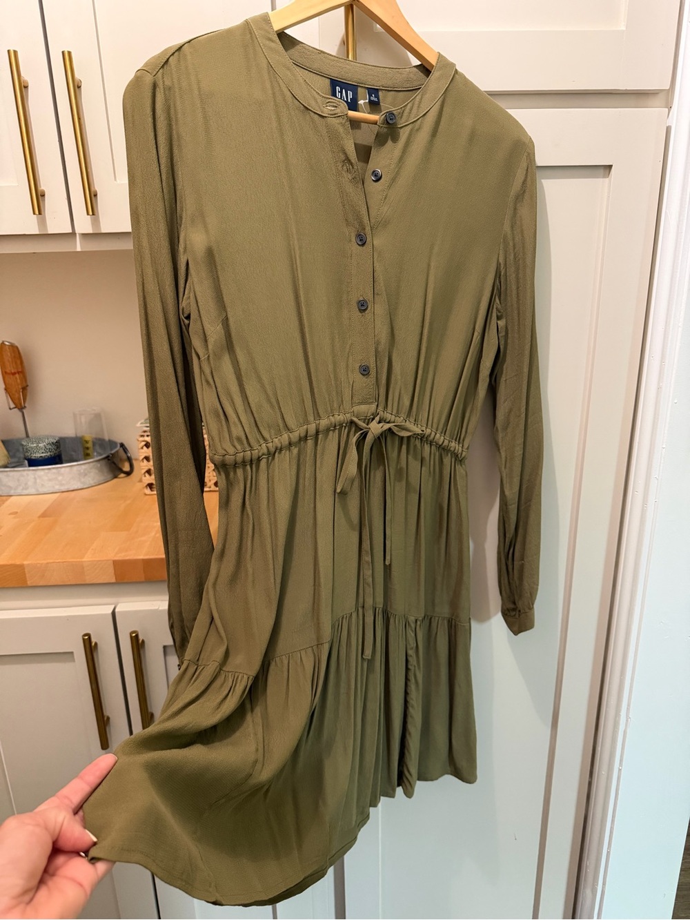 GAP Olive Long-Sleeve Button-Front Drawstring Tiered Dress
